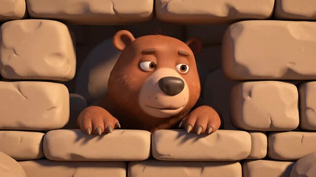 Cute cartoon bear peeking through a brick wall frame, expressive 3D character animation showing curious and playful facial emotions for children educational content media