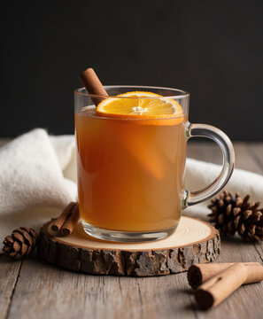 Warm spiced apple cider tea with orange slice and cinnamon stick in glass mug on wooden coaster