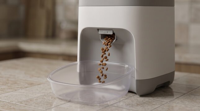 digital pet food timer concept. Coffee beans pouring from a modern grinder into a transparent bowl.