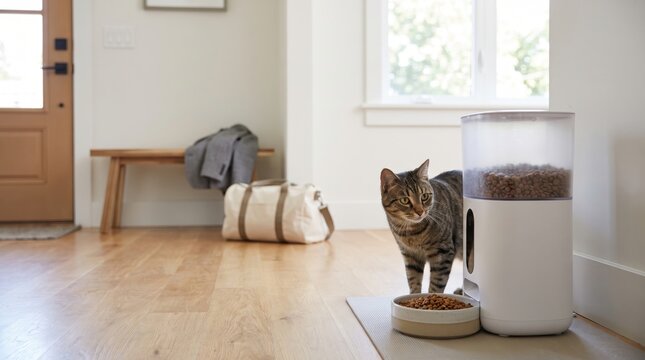 digital pet food timer concept. Tabby cat eating from automatic feeder in a bright, modern home interior.