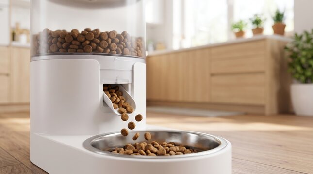 digital pet food timer concept. Automatic pet feeder dispensing dry kibble in a modern kitchen setting