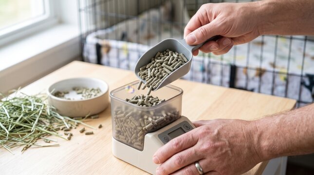digital pet food timer concept. Person measuring and pouring pet food pellets into a container on scale