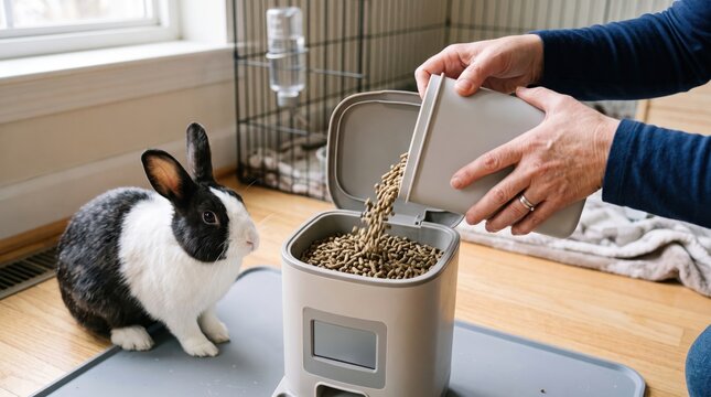 digital pet food timer concept. Black and white rabbit watches as person pours pellets into feeder.