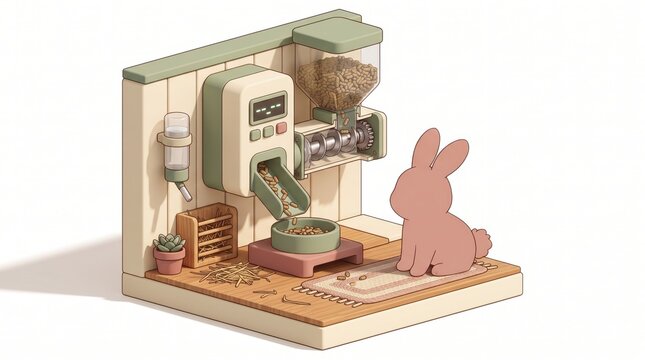 digital pet food timer concept. Illustration of an automated pet feeder dispensing food to a bunny.