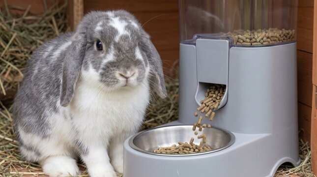 digital pet food timer concept. Gray and white rabbit eating pellets from an automatic feeder in a hutch