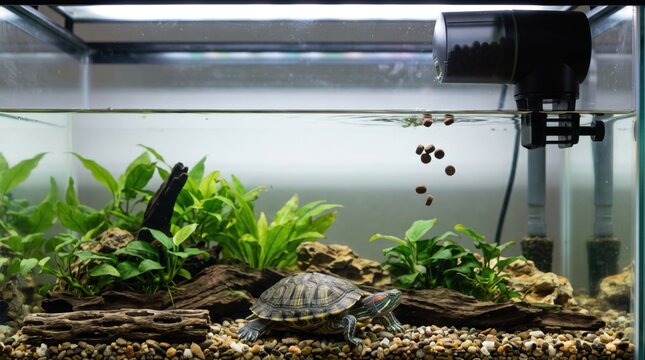 digital pet food timer concept. Aquarium with turtles, plants, and filtration system in clear glass tank.