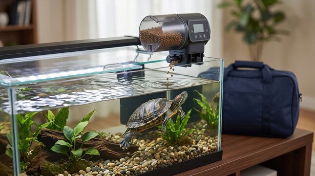 digital pet food timer concept. Turtle inside a glass aquarium with plants and pebbles on a wooden table.