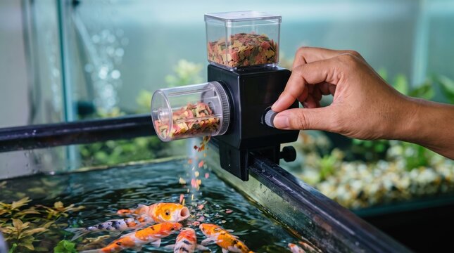 digital pet food timer concept. Hand dispensing fish food into an aquarium filled with koi fish.