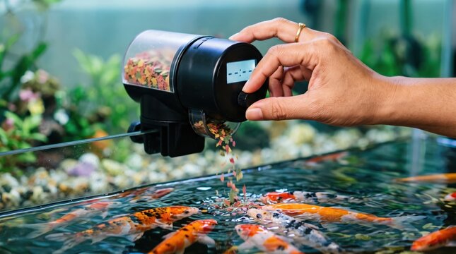 digital pet food timer concept. Hand feeding colorful koi fish in an outdoor pond with an automatic feeder.