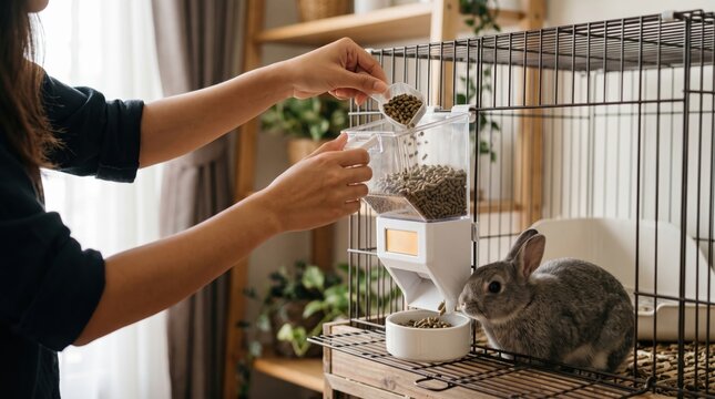 digital pet food timer concept. Person pouring food into a bowl for a rabbit inside a cage.