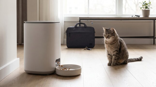 digital pet food timer concept. Cat sitting on wooden floor near an automatic pet feeder and water bowl.