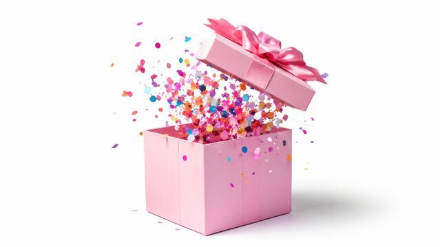  pink gift box with a ribbon bursts open, releasing a colorful explosion of confetti against a white background.