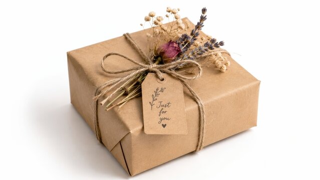  gift wrapped in brown craft paper and twine, adorned with dried flowers and a tag that reads "Just for you.