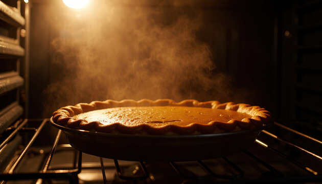 Freshly baked hot pumpkin pie steaming inside warm dark oven for Thanksgiving dessert concept