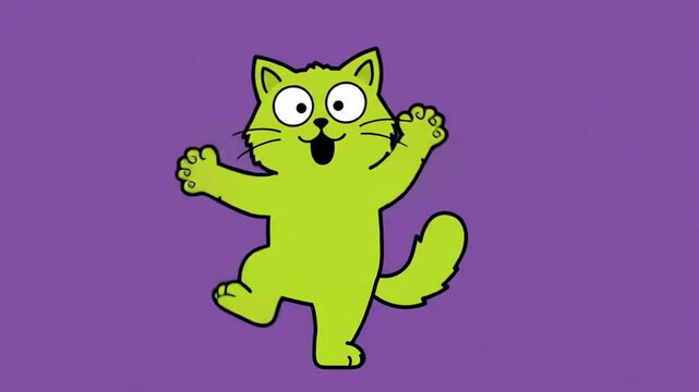 Funky green cartoon cat character dancing isolated on purple background playful feline mascot animation for children media entertainment projects motion graphic design asset