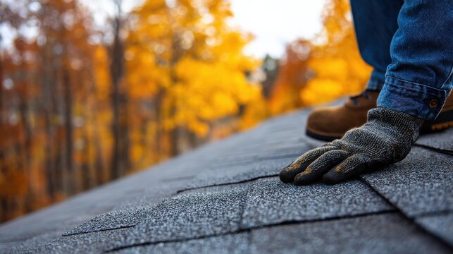 A construction worker inspecting new asphalt roof shingles with blurred autumn forest in the background. Concept for professional home improvement and repair services.