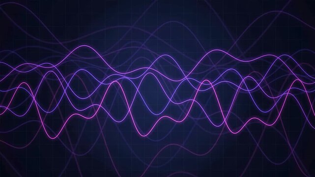 Abstract digital audio wave forms with glowing neon lines on a dark blue grid background