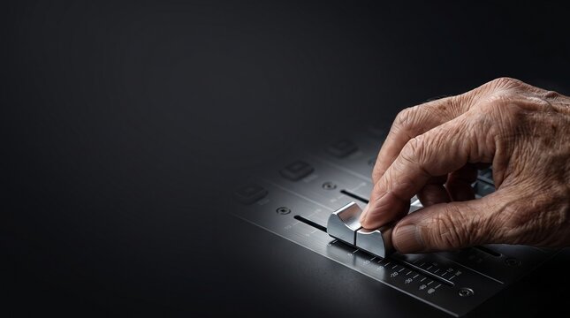 Close-up of an elderly hand adjusting a metallic fader on a professional audio mixing console, dramatic dark lighting with negative space for music production text
