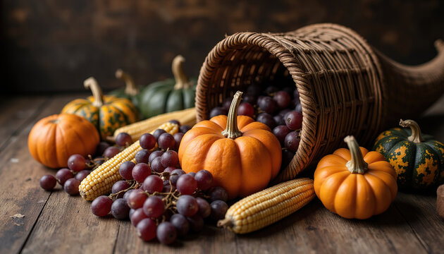 Traditional Thanksgiving cornucopia basket with pumpkins and grapes on dark wooden table for harvest festival concept