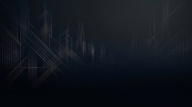 Abstract city skyline sketch with thin golden lines on a dark black background representing urban architecture and modern digital technology for business concepts