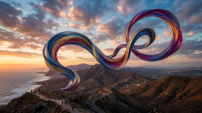 Abstract colorful 3d swirl ribbon shape floating in the air above a dark dramatic mountain landscape during a cloudy sunset with orange and blue sky colors
