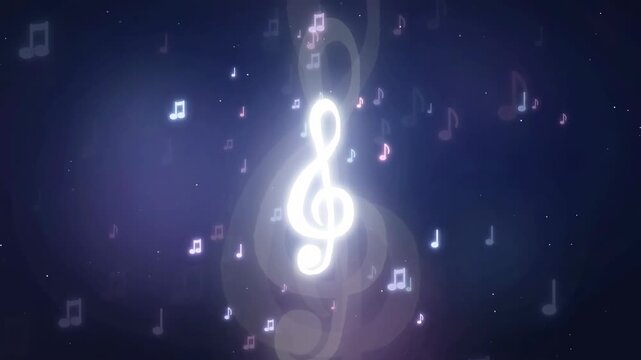Glowing Musical Treble Clef Symbol Floating with Shimmering Notes on Dark Blue Background