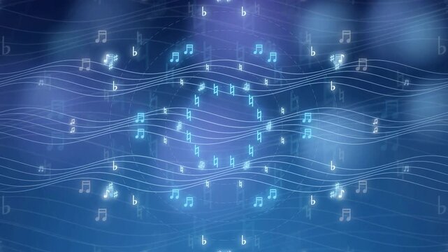 Abstract blue digital background with flowing musical notes and glowing wave lines for audio concepts