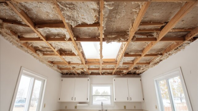 A kitchen ceiling undergoing demolition with exposed wooden joists and old insulation. Ideal for renovation, home improvement, and construction project concepts.