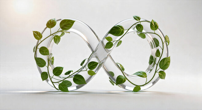 Glass infinity symbol with green vine leaves representing sustainable ecology