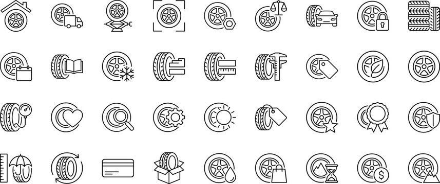 Car Tire Buying Guide Web Icon Set in Linear Style. Collection of automotive commerce line icons, including tire selection, tread inspection, seasonal sizing, price comparison, fitment service.