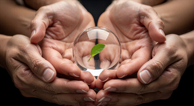 Multiple hands holding glass sphere with green leaf inside safely