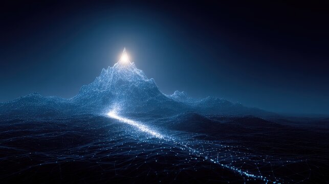Glowing digital mountain peak with data network path at night. Represents technology, innovation, and achievement.