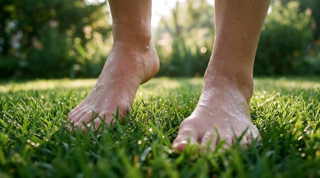 Barefoot person walking on fresh green grass in a sunny garden during summer morning