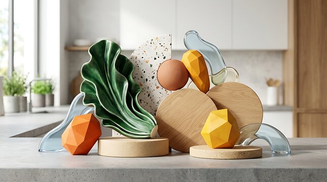 Abstract composition with geometric shapes and organic forms on a modern kitchen counter for product display or food photography background with soft natural lighting