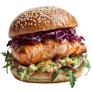 Salmon burger with avocado and red cabbage served on a bun in