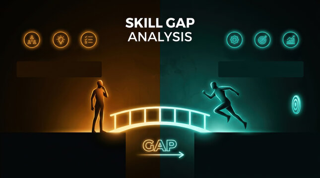 Skill gap analysis concept showing glowing bridge between human ability and career growth with progress icons