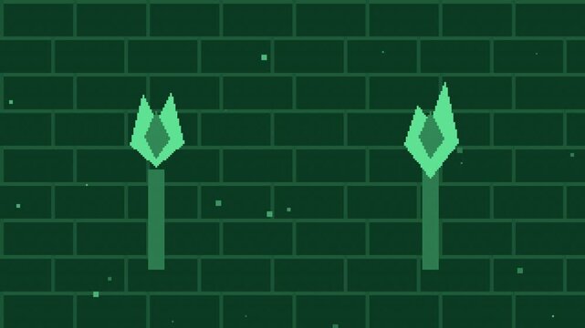 Seamless retro pixel dungeon torch wall animation in green for looping game background
