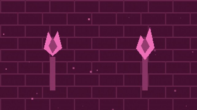 Seamless retro pixel dungeon torch wall animation in pink for looping game background