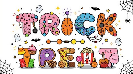 Naklejka premium A festive halloween trick or treat typography design featuring colorful hand drawn doodle elements and spooky holiday themed decorative icons