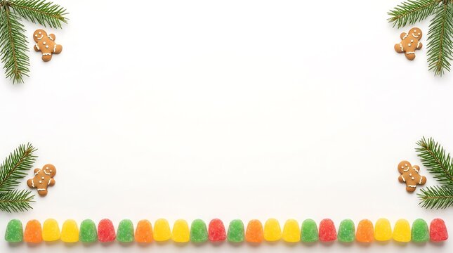 Christmas frame with gingerbread cookies and colorful gummy bears on white background