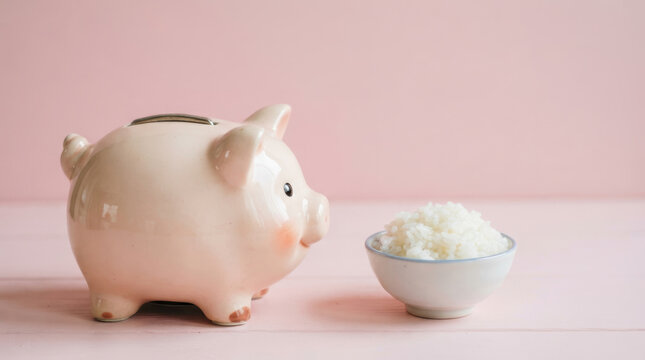 Piggy bank rice bowl food security challenges support savings concept