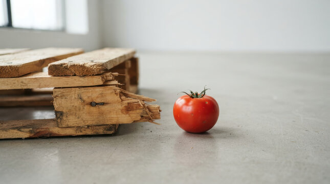 Food security challenges with tomato and wooden pallet in rustic setting