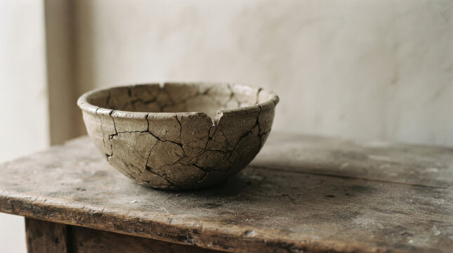 Food security challenges represented by aged cracked bowl on rustic wooden table
