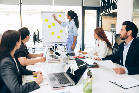 Diverse group of business team collaborating on strategy during office meeting