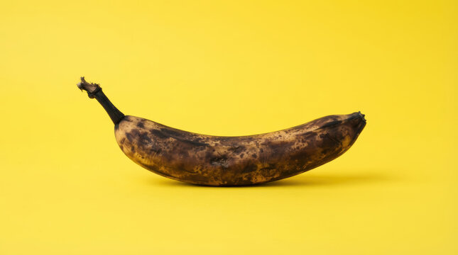 Food security challenges represented by single overripe banana on bright yellow background with soft shadow and vivid color