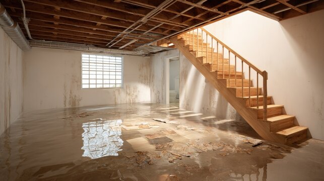 A flooded unfinished residential basement with water damage and wooden stairs. This depicts a severe home plumbing leak or natural disaster insurance concept.