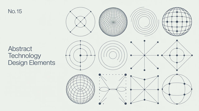 Title: Abstract technology design elements with geometric circles, grids and network diagrams