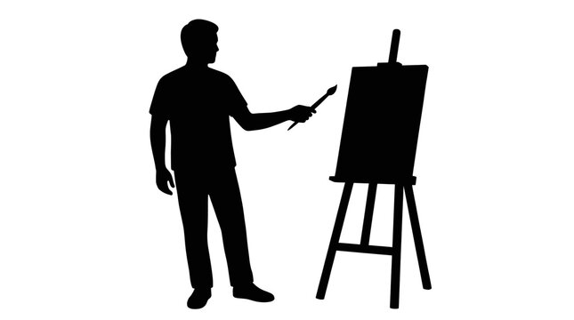 Silhouette of a male artist painting on a canvas with a brush standing in front of an easel isolated