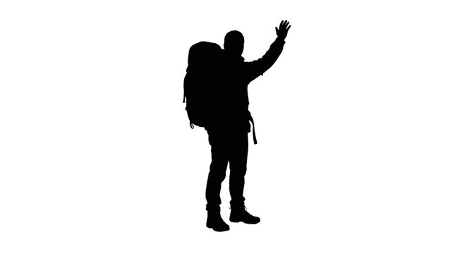 Silhouette of a male hiker with a backpack waving his hand