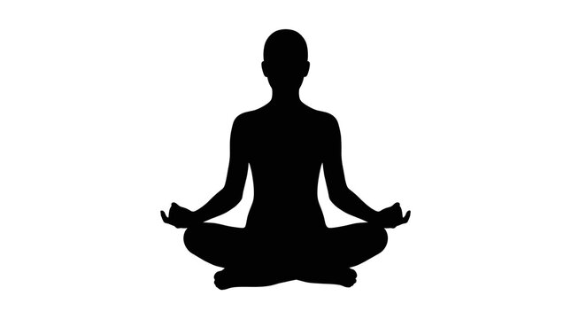 Black silhouette of a person meditating in lotus pose representing mindfulness, yoga, peace, and spiritual wellness